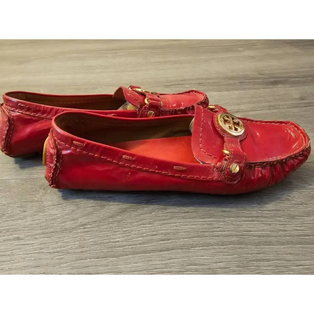 Tory Burch Womens Red Crinkled Patent Leather Driving Loafers Moccasins Size 7M